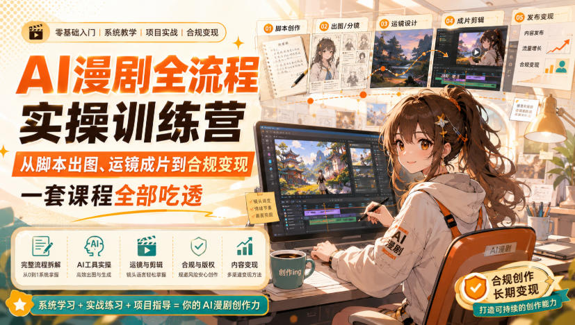 AI漫剧全流程实操训练营,从脚本出图、运镜成片到合规变现,一套课程全部吃透-777网创网