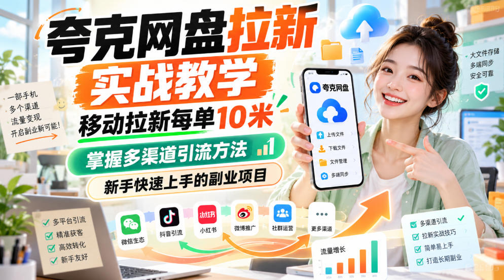 夸克网盘拉新实战教学,移动拉新每单10米,掌握多渠道引流方法,新手快速上手的副业项目(更新1017)-777网创网