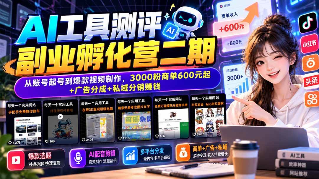 (20800期)AI工具测评副业孵化营二期:从账号起号到爆款视频制作,3000粉商单600元起+广告分成+私域分销赚钱 (20800期)AI工具测评副业孵化营二期:从账号起号到爆款视频制作,3000粉商单600元起+广告分成+私域分销赚钱