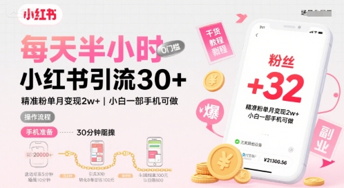 每天半小时小红书引流30+,精准粉单月变现2w+,小白新手一部手机可做,今天5分钟硬核实操