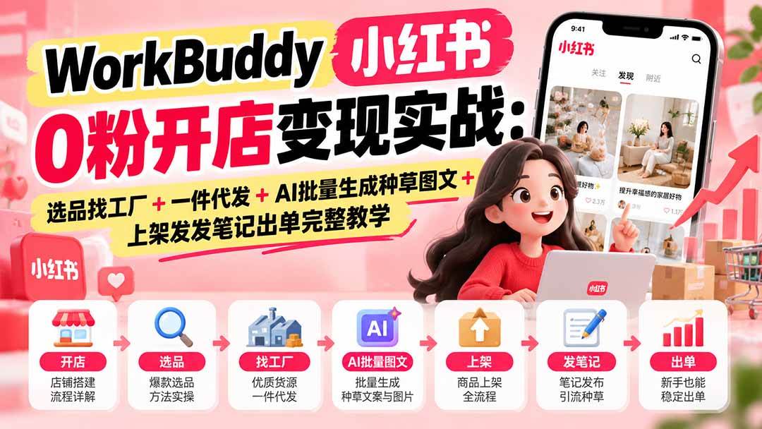 (20801期)WorkBuddy小红书0粉开店变现实战:选品找工厂+一件代发+AI批量生成种草图文+上架发发笔记出单完整教学-777网创网