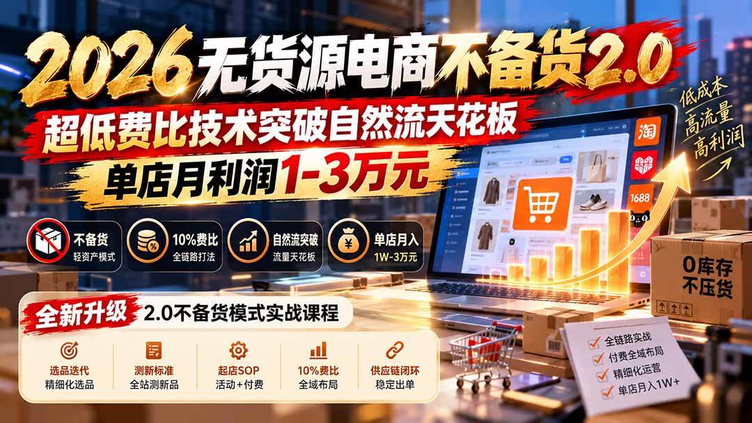 (20896期)2026无货源电商不备货2.0【更新1010】:超低费比技术突破自然流天花板,单店月利润1-3万元-777网创网