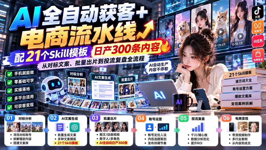 (20713期)【无水印】AI全自动获客+电商流水线-更新0929:配21个Skill模板,日产300条内容,从对标文案、批量出片到投流全流程-777网创网
