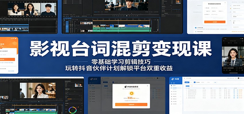 影视台词混剪变现课：零基础学习剪辑技巧，玩转抖音伙伴计划解锁平台双重收益-777网创网