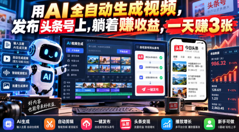 用AI全自动生成视频,发布头条号上,躺着賺收益,一天賺3张-777网创网