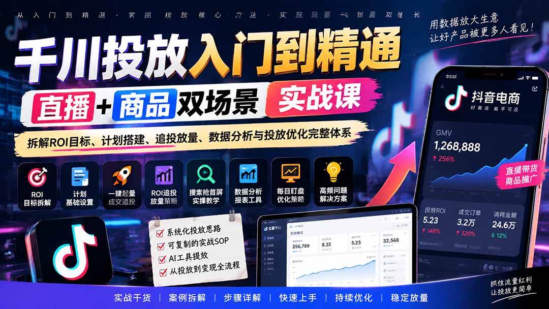 (20556期)千川投放入门到精通实战课|直播+商品双场景拆解ROI目标、计划搭建、追投放量、数据分析与投放优化完整体系-777网创网