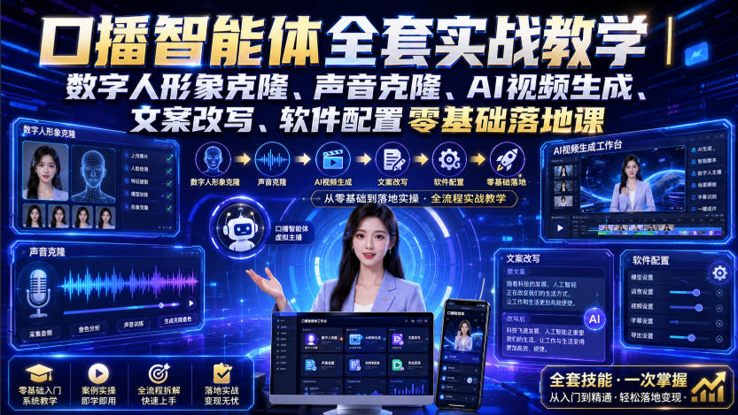 口播智能体全套实战教学|数字人形象克隆、声音克隆、AI视频生成、文案改写、软件配置零基础落地课-777网创网