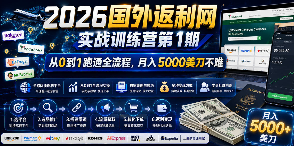 2026国外返利网实战变现营-第一期，从零拆解项目逻辑与流程，跑通完整变现链路，月入5000美金-777网创网