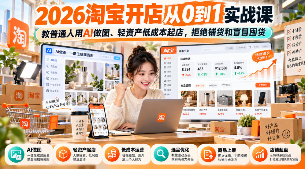 2026淘宝开店从0到1实战课，教普通人用AI做图、轻资产低成本起店，拒绝铺货和盲目囤货-777网创网