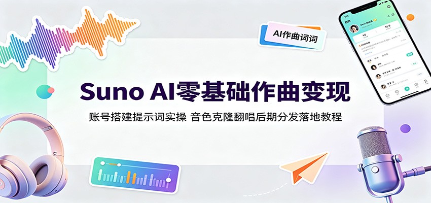 Suno AI零基础作曲变现：账号搭建提示词实操，音色克隆翻唱后期分发落地教程-777网创网