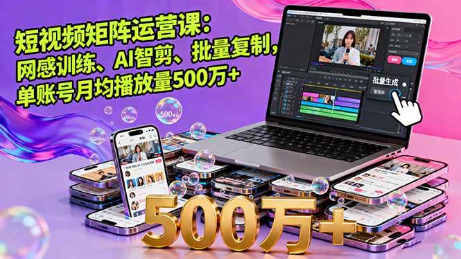 （16168期）短视频矩阵运营课：网感训练、AI智剪、批量复制，单账号月均播放量500万+-777网创网