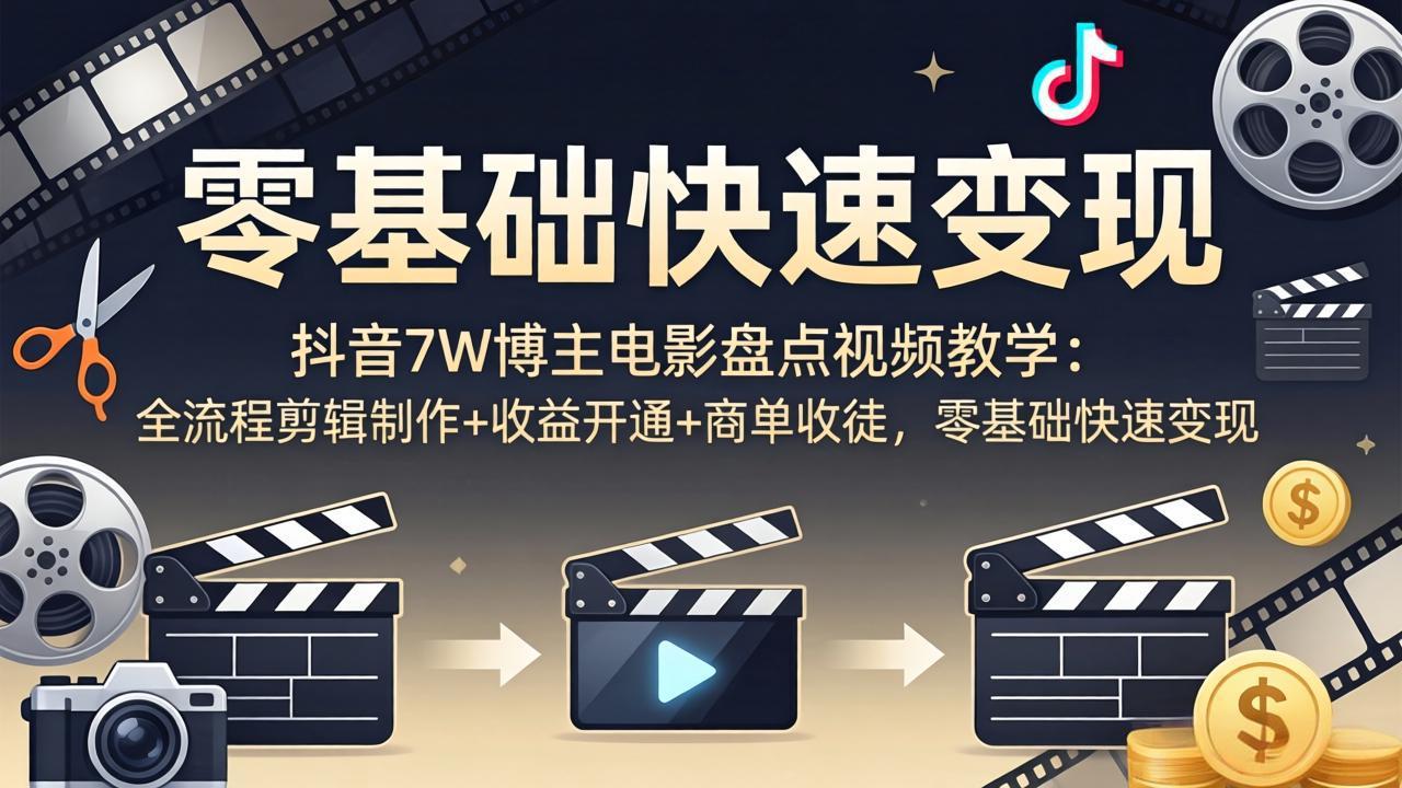 抖音7W博主电影盘点视频教学:全流程剪辑制作+收益开通+商单收徒,零基础快速变现-777网创网