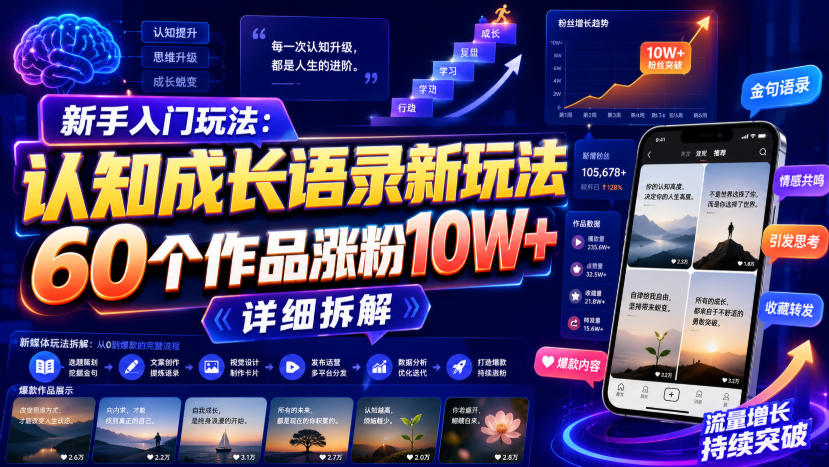新手入门玩法：认知成长语录新玩法，60个作品涨粉10W+，详细拆解-777网创网