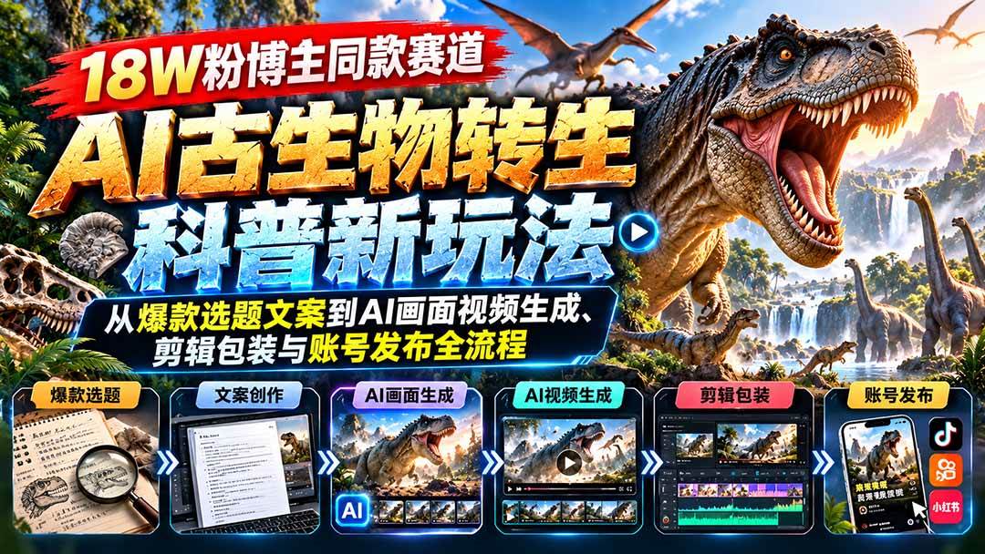（20833期）18W粉博主同款赛道-AI古生物转生科普新玩法：从爆款选题文案到AI画面视频生成、剪辑包装与账号发布全流程-777网创网