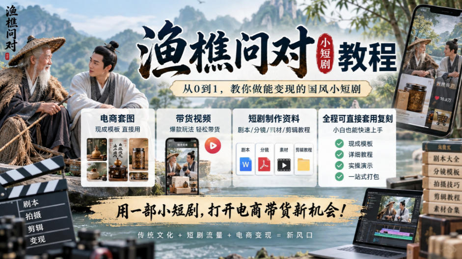 渔樵问对小短剧教程,包含电商套图、带货视频,短剧制作资料,全程可直接套用复刻-777网创网