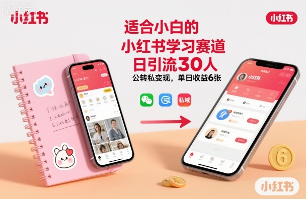 适合小白的小红书学习赛道，日引流30人，公转私变现，单日收益6张-777网创网