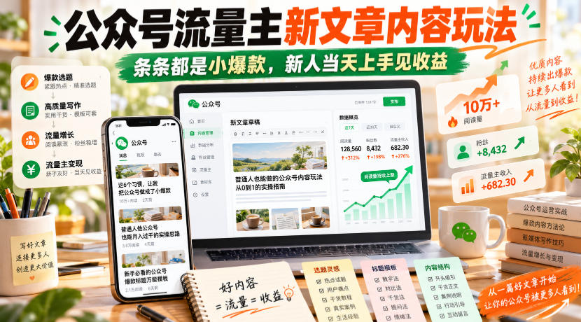 公众号流量主新文章内容玩法，条条都是小爆款，新人当天上手见收益-777网创网