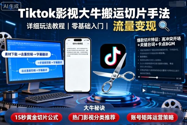 Tiktok影视大牛搬运切片手法，详细玩法教程-777网创网