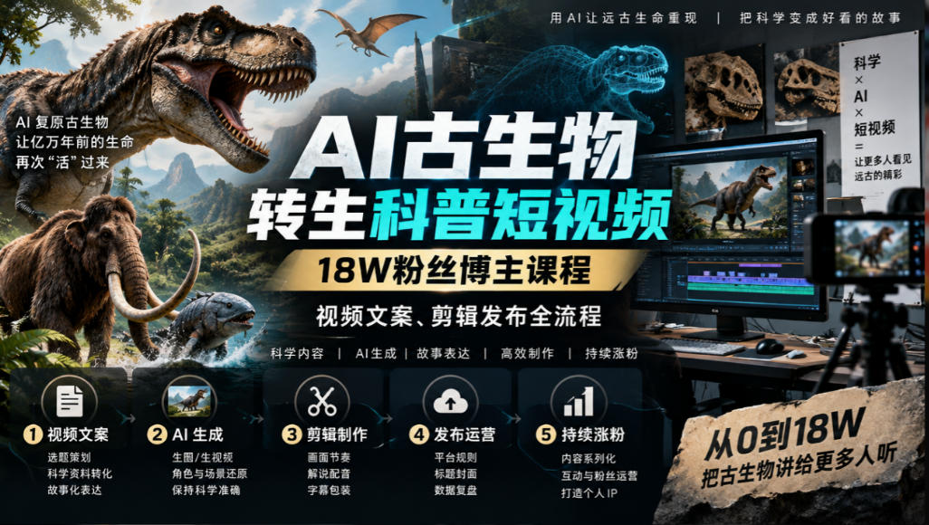 AI古生物转生科普短视频,18W粉丝博主课程,视频文案、剪辑发布全流程-777网创网