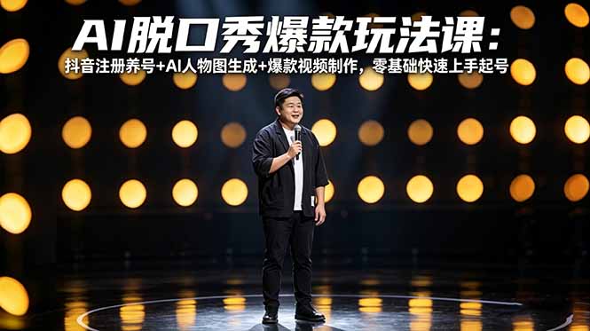 AI脱口秀爆款玩法课:抖音注册养号+AI人物图生成+爆款视频制作,零基础快速上手起号-777网创网