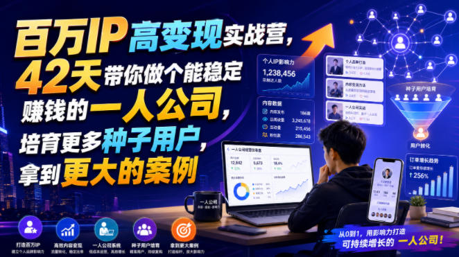 百万IP高变现实战营，42天带你做个能稳定賺钱的一人公司，培育更多种子用户，拿到更大的案例-777网创网