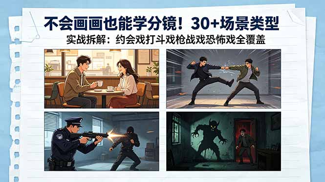 不会画画也能学分镜！30+场景类型实战拆解：约会戏打斗戏枪战戏恐怖戏全覆盖-777网创网