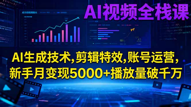 AI视频全栈课:AI生成技术,剪辑特效,账号运营,新手月变现5000+播放量破千万-777网创网