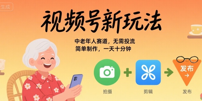 视频号新玩法,中老年人赛道,无需投流,简单制作,一天十分钟,月入1W