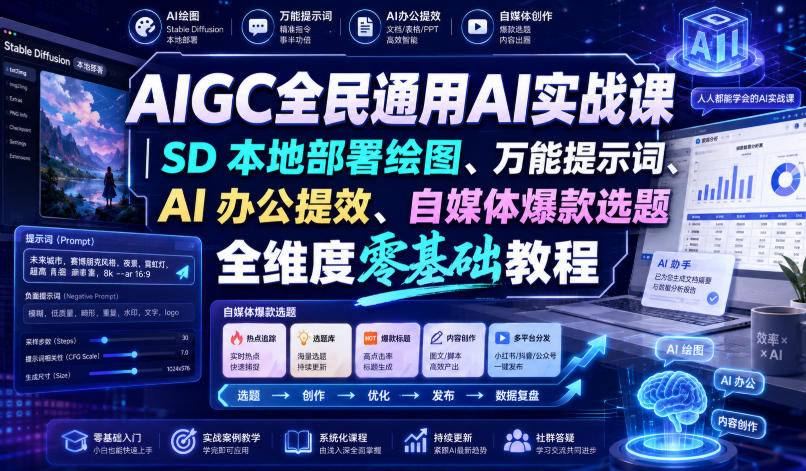 AIGC全民通用AI实战课|SD本地部署绘图、万能提示词、AI办公提效、自媒体爆款选题全维度零基础教程-777网创网