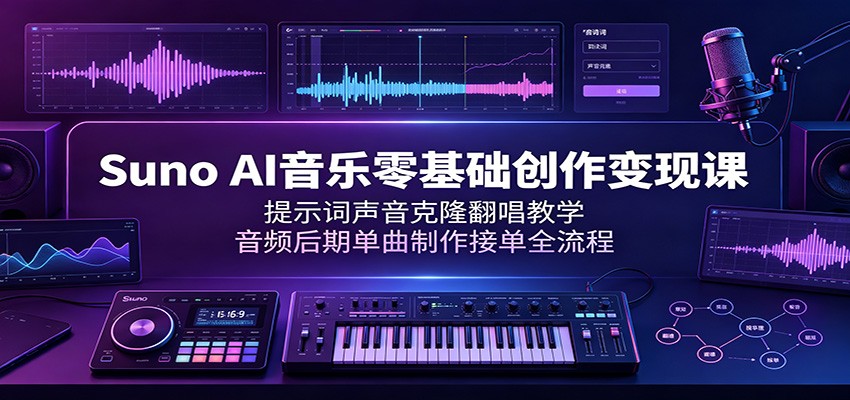 Suno AI音乐零基础创作变现课：提示词声音克隆翻唱教学，音频后期单曲制作接单全流程-777网创网