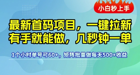 最新首码项目,一键拉新有手就能做,几秒钟一单,1个小时单号可60+,矩阵批量做每天5张【揭秘】-777网创网