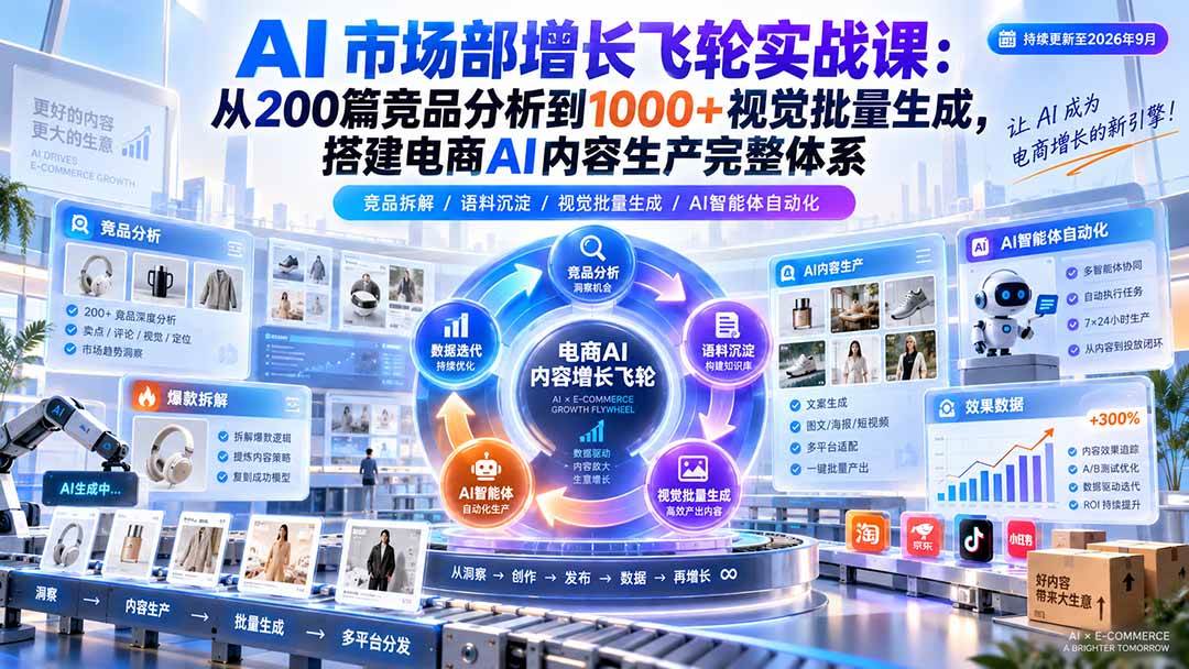 (20436期)AI 市场部增长飞轮实战课:从200篇竞品分析到1000+视觉批量生成,搭建电商AI内容生产完整体系-777网创网