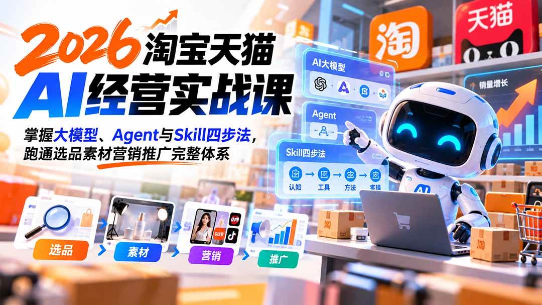 (20676期)【无水印】2026淘宝天猫AI经营实战课:掌握大模型、Agent与Skill四步法,跑通选品素材营销推广完整体系-777网创网