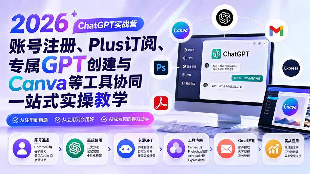 2026 ChatGPT实战营；账号注册、Plus订阅、专属GPT创建与Canva等工具协同一站式实操教学-777网创网