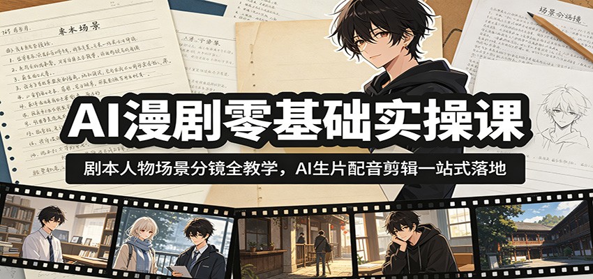 AI漫剧零基础实操课：剧本人物场景分镜全教学，AI生片配音剪辑一站式落地-777网创网