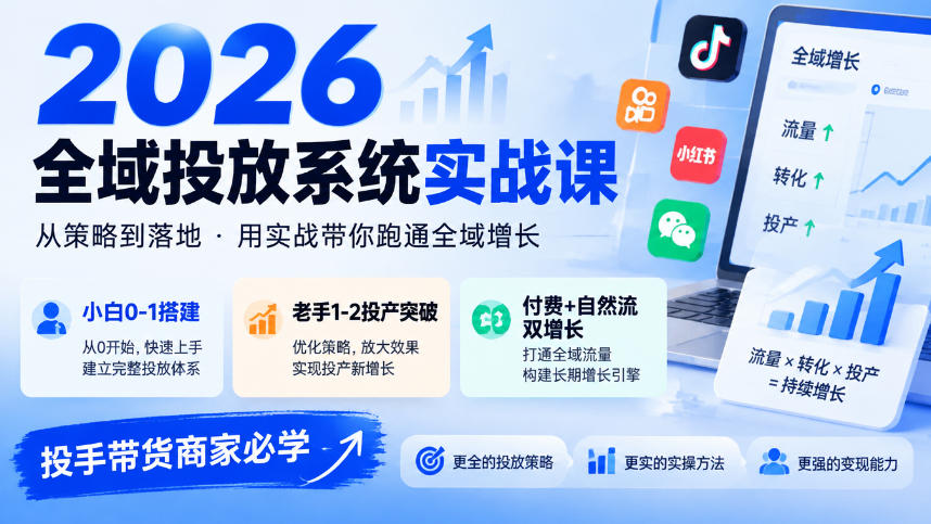 2026全域投放系统实战课，小白0-1搭建，老手1-2投产突破，付费+自然流双增长，投手带货商家必学-777网创网