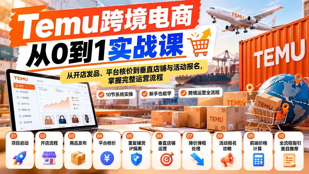 （20646期）【无水印】Temu跨境电商从0到1实战课：从开店发品、平台核价到垂直店铺与活动报名，掌握完整运营流程-777网创网