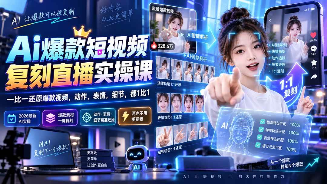 （20304期）最新Ai爆款短视频复刻直播实操课，一比一还原爆款视频，动作，表情，细节，都1比1-777网创网
