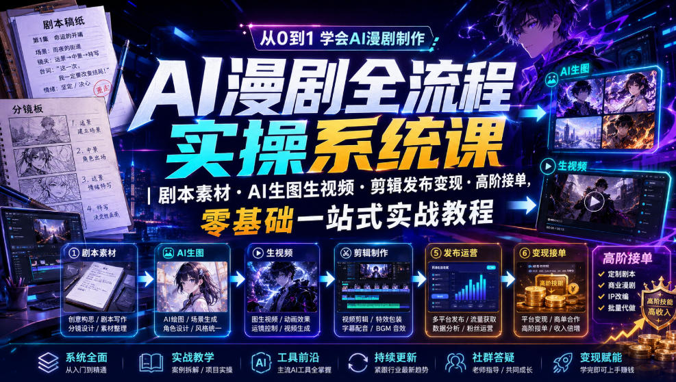 AI漫剧全流程实操系统课|剧本素材・AI生图生视频・剪辑发布变现・高阶接单,零基础一站式实战教程-777网创网