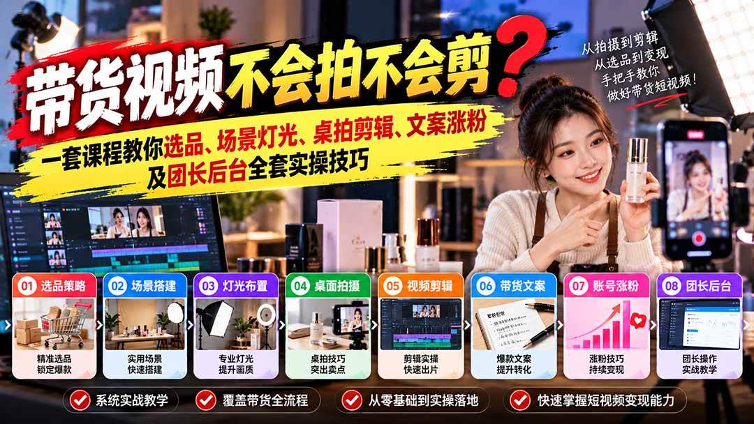 (20980期)带货视频不会拍不会剪?一套课程教你选品、场景灯光、桌拍剪辑、文案涨粉及团长后台全套实操技巧 复制标题-777网创网