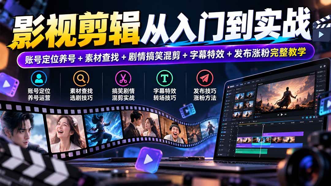 (20812期)影视剪辑从入门到实战:账号定位养号+素材查找+剧情搞笑混剪+字幕特效+发布涨粉完整教学-777网创网