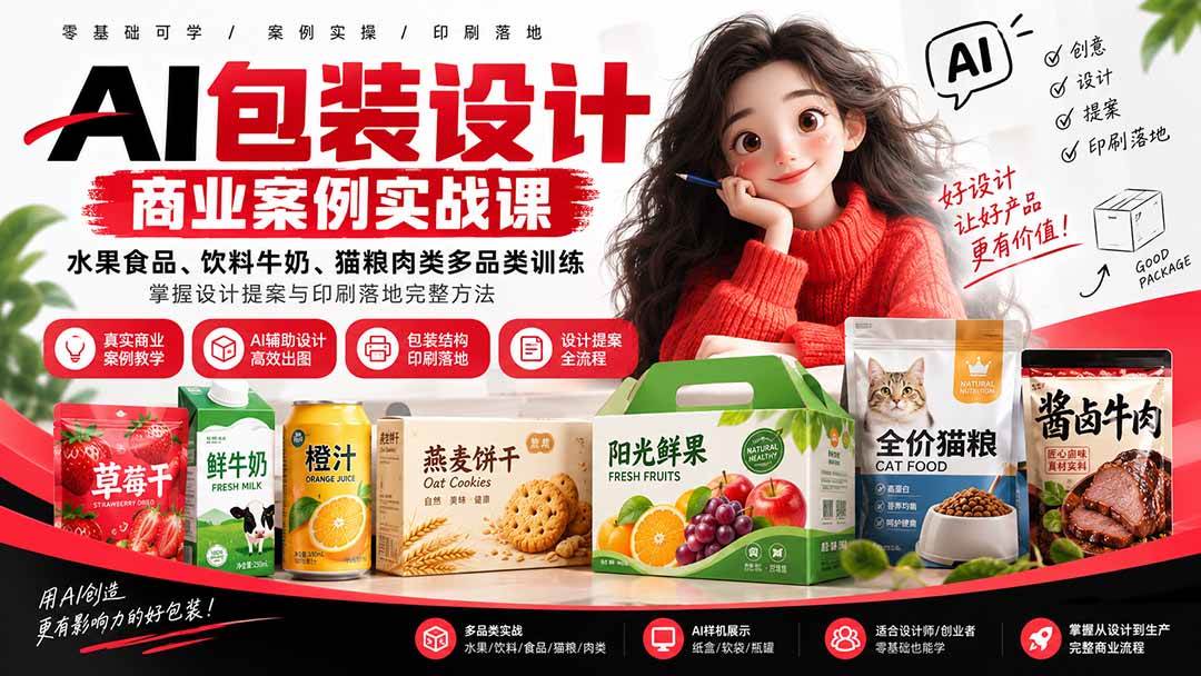 (20387期)AI包装设计商业案例实战课:水果食品、饮料牛奶、猫粮肉类多品类训练,掌握设计提案与印刷落地完整方法-777网创网