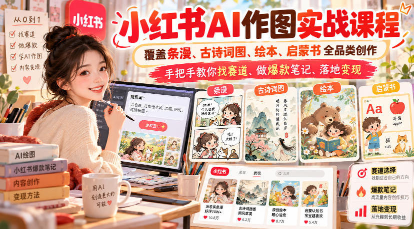小红书AI作图实战课程,覆盖条漫、古诗词图、绘本、启蒙书全品类创作,手把手教你找赛道、做爆款笔记、落地变现(更新1017)-777网创网