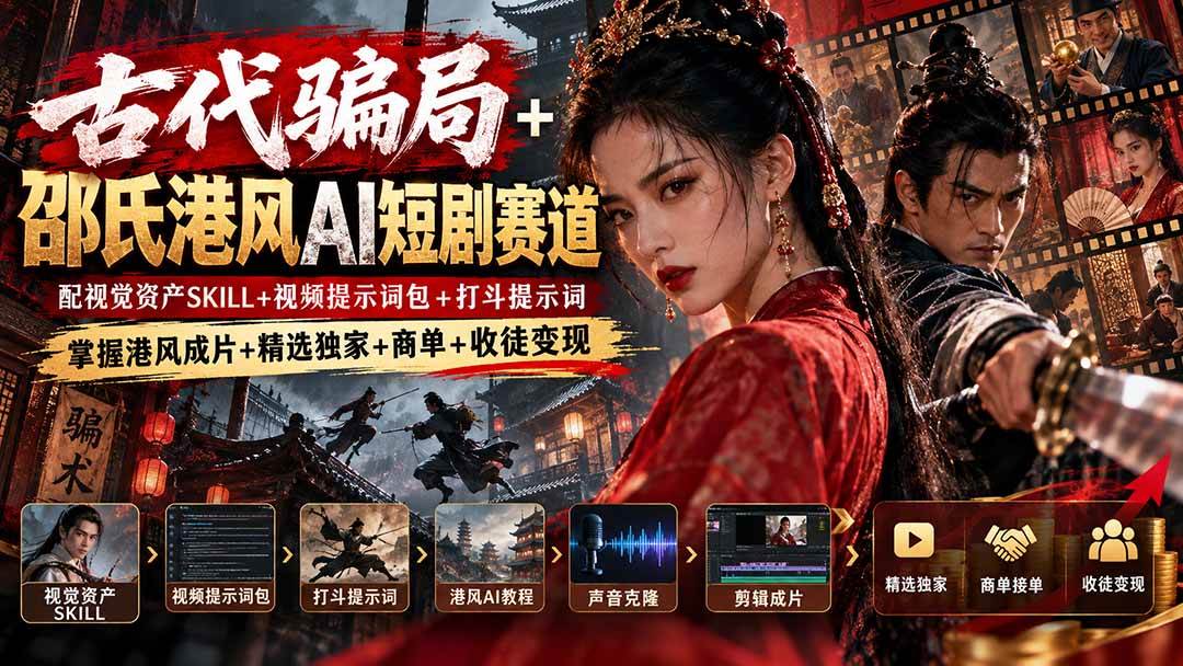 （20684期）古代骗局+邵氏港风AI短剧赛道：配视觉资产SKILL+视频提示词包+打斗提示词，掌握港风成片+精选独家+商单+收徒变现-777网创网