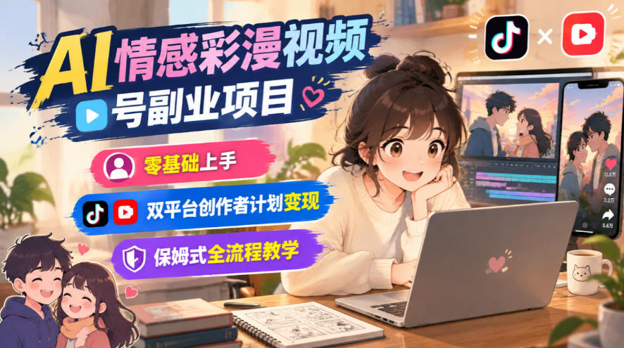AI情感彩漫视频号副业项目,零基础上手,双平台创作者计划变现,保姆式全流程教学-777网创网