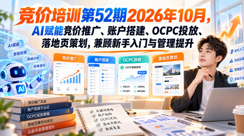 【无水印】竞价培训第52期2026年10月,AI赋能竞价推广、账户搭建、OCPC投放、落地页策划,兼顾新手入门与管理提升-777网创网