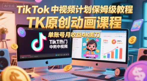 TikTok中视频计划保姆级教程，TK原创动画课程，单账号月收益4k美刀-777网创网