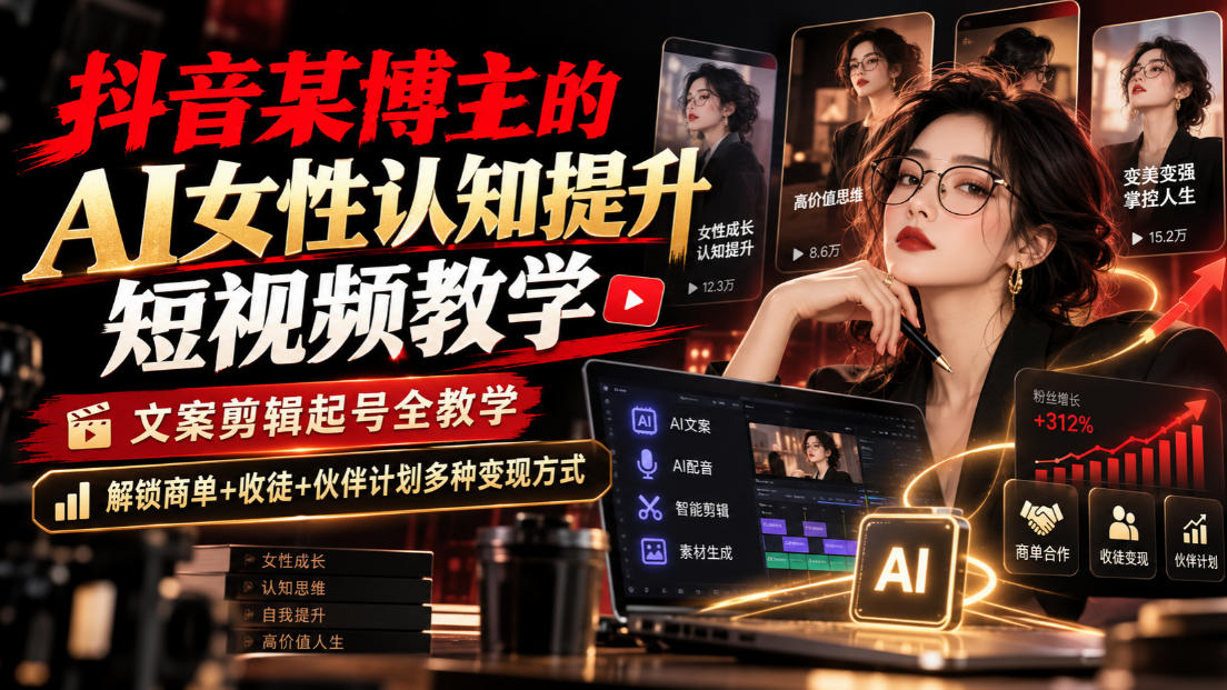 抖音某博主的Ai女性认知提升短视频教学,文案剪辑起号全教学,解锁商单+收徒+伙伴计划多种变现方式-777网创网