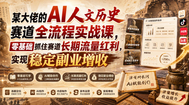 某大佬的AI人文历史赛道全流程实战课,零基础抓住赛道长期流量红利,实现稳定副业增收-777网创网