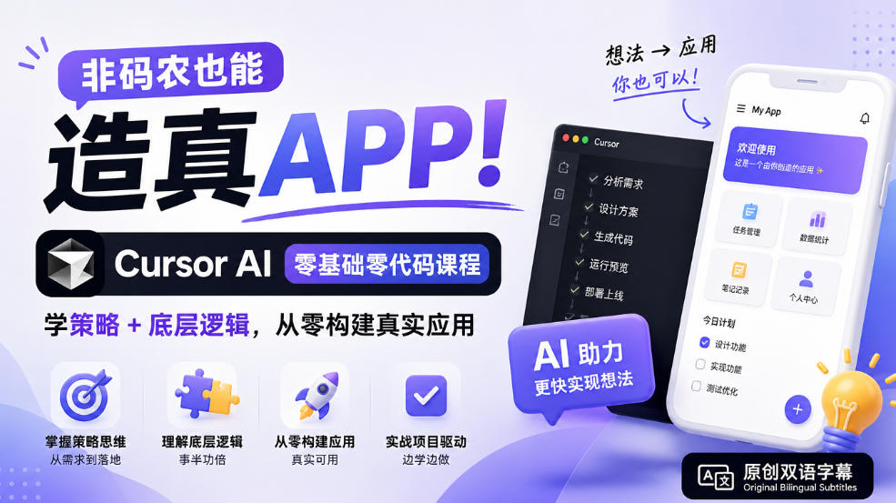 非码农也能造真APP!Cursor AI零基础零代码课程:学策略+底层逻辑,从零构建真实应用【原创双语字幕】-777网创网
